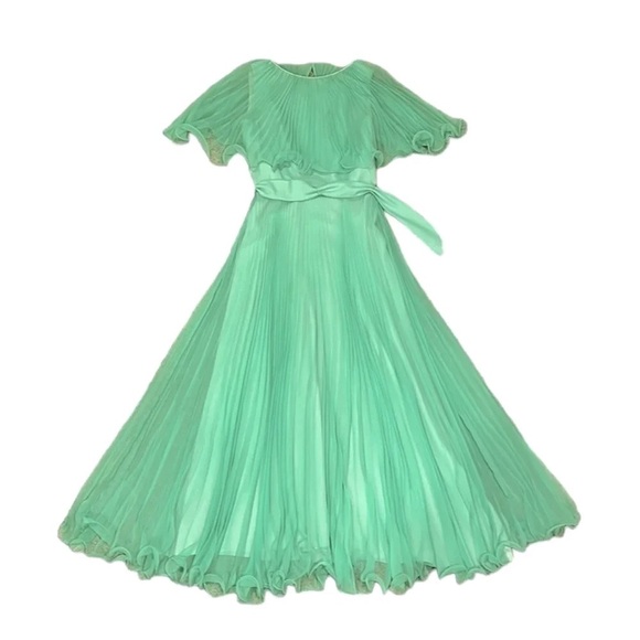 Vintage 70s Spring Green Pleated Chiffon Maxi Dress - Picture 4 of 8